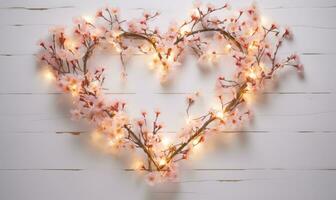 ai gerado dia dos namorados dia fundo com Rosa pêssego flores coração em forma luz lâmpadas foto