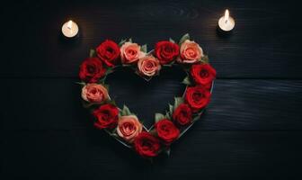 ai gerado coração do vermelho rosas e uma queimando vela em uma Sombrio de madeira fundo foto