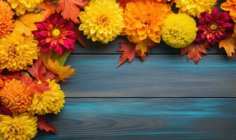 ai gerado outono fundo com dálias e folhas em azul de madeira mesa foto