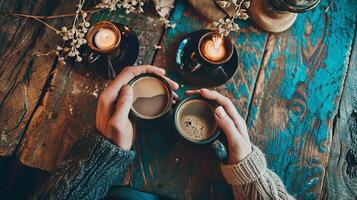 ai gerado casal segurando café em a mesa, ai generativo foto