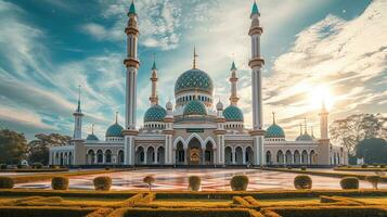 ai gerado lindo mesquita frente Visão com Claro céu, ai generativo foto