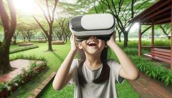 ai gerado conectados Educação ásia jovem menina vestindo vr fone de ouvido com parque fundo ai generativo foto