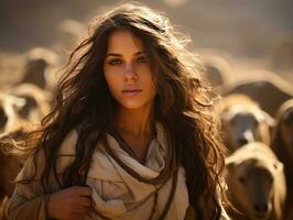 ai gerado lindo meio Oriental mulher pastoreio cabras e ovelha dentro a campo. uma pastor mulher dentro a pasto. generativo ai foto