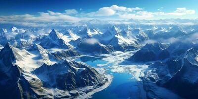 ai gerado ilustração do uma ampla Nevado montanha panorama com uma lago abaixo. inverno montanhas. generativo ai foto