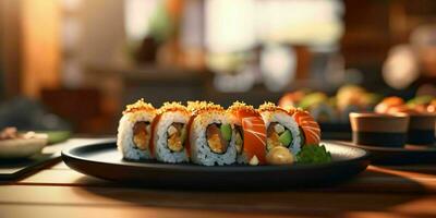 ai gerado delicioso Sushi rolos servido em uma placa. generativo ai foto
