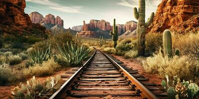 ai gerado oxidado Ferrovia rastrear em ocidental deserto. abandonado trem acompanhar. generativo ai foto