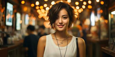 ai gerado retrato do fofa e jovem curto cabelo ásia mulher com borrado cafeteria fundo. generativo ai foto