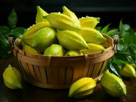 ai gerado fresco carambola fruta com água gotas. Estrela fruta. generativo ai foto