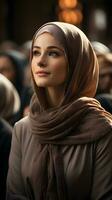 ai gerado lindo muçulmano mulher dentro hijab senta dentro mesquita, ouvindo para sermão, generativo ai foto