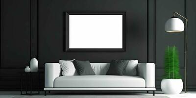 ai gerado moderno e minimalista vivo quarto interior Projeto com em branco branco cenário quadro, Armação brincar. generativo ai foto