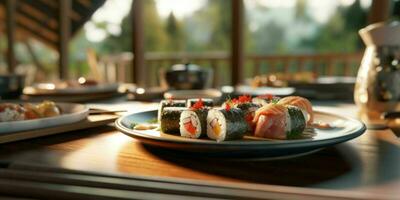 ai gerado delicioso Sushi rolos servido em uma placa. generativo ai foto