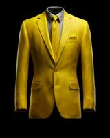 ai gerado elegante amarelo masculino terno isolado em Preto fundo. generativo ai foto