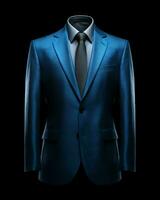 ai gerado elegante azul masculino terno isolado em Preto fundo. generativo ai foto