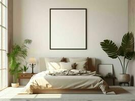 ai gerado minimalista bege cama quarto interior Projeto com em branco branco cenário quadro, Armação brincar. generativo ai foto