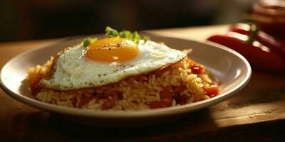 ai gerado delicioso frito arroz com uma ensolarado lado acima ovo, servido em uma branco prato com uma de madeira mesa fundo. generativo ai foto