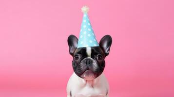 ai gerado feliz francês buldogue vestindo aniversário chapéu com Rosa fundo foto