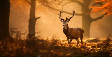 ai gerado poderoso vermelho veado em pé dentro a floresta com denso névoa dentro a manhã, outono tema foto