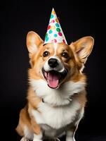 ai gerado fofa Pembroke galês corgi cachorro vestindo aniversário chapéu em pé voltado para a Câmera foto