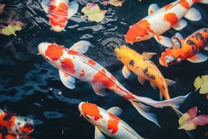 ai gerado grupo do koi peixe nadar dentro uma lagoa com Claro água foto