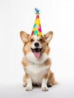 ai gerado fofa Pembroke galês corgi cachorro vestindo aniversário chapéu em pé voltado para a Câmera foto