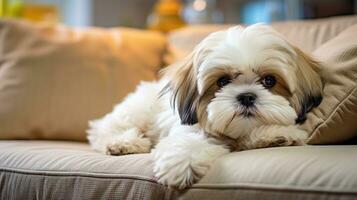 ai gerado fofa jovem shih tzu cachorro sentado em sofá e olhando às Câmera foto