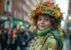 ai gerado jovem menina desfrutando e comemora st patrick dia foto