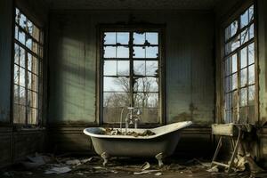 ai gerado abandonado velho banheiro com enferrujado parede foto