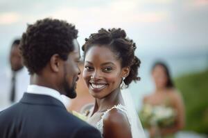 ai gerado jovem Casamento casal desfrutando romântico momentos lado de fora em uma verão Prado foto