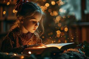 ai gerado uma criança lendo mágico livro brilhando com símbolos foto
