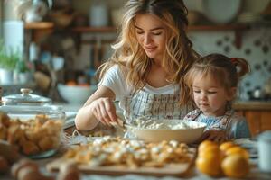 ai gerado uma mãe cozinhando às uma cozinha para dela crianças foto