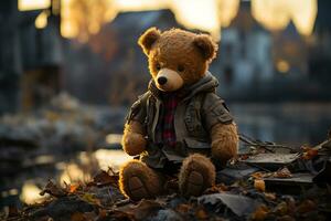 ai gerado Castanho Urso de pelúcia Urso colocada dentro frente do uma arruinado casas vencimento para guerra foto