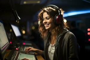 ai gerado jovem rádio DJ sorridente e feliz com seus trabalho foto