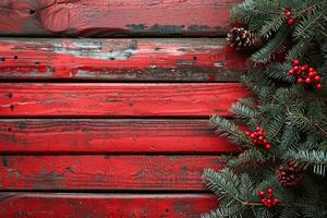 ai gerado Natal decoração com yule tema e uma rústico madeira fundo foto