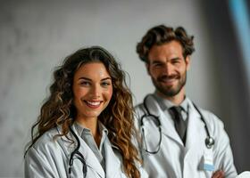 ai gerado retrato do dois médicos com borrado fundo foto