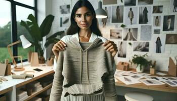 ai gerado fechar-se foto do uma fêmea moda desenhador do hispânico descida, orgulhosamente apresentando uma roupas peça trabalhada a partir de sustentável materiais