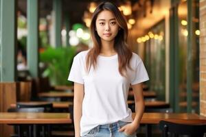 uma mulher vestindo em branco branco camiseta e jeans às café, generativo ai. foto