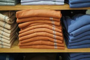 colorida camisas em estante dentro uma varejo fazer compras foto