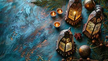 ai gerado islâmico decoração com lanternas e abeto galhos em uma azul de madeira fundo, ai generativo foto