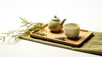 ai gerado chá cerimônia com chaleira e verde chá folhas em branco fundo, ai generativo foto