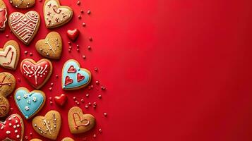 ai gerado dia dos namorados dia fundo com coração em forma Pão de gengibre biscoitos em vermelho fundo, ai generativo foto