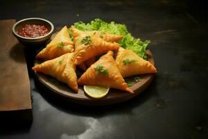 ai gerado saboroso samosa, a icônico indiano rua lanche em uma borda foto