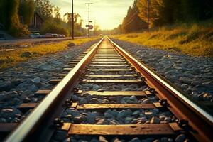 ai gerado Ferrovia rastrear dentro luz solar, cascalho lastro, uma pitoresco trem cena foto