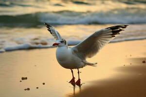 ai gerado gaivota silhueta às praia, danças contra mar e arenoso pano de fundo foto