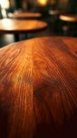 ai gerado caloroso cafeteria fascinar luxuoso mogno madeira mesa superfície vertical Móvel papel de parede foto