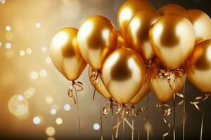 ai gerado imagem comemorativo cena grupo do dourado balões com fitas, 3drendering foto