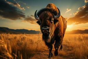 ai gerado Yellowstone nacional parque búfalo dentro a pastagem às pôr do sol foto