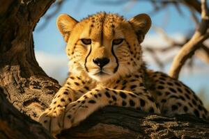 ai gerado guepardo relaxa em uma árvore dentro serengeti nacional parque, Tanzânia foto