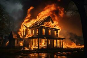 ai gerado ardente residência, chamas devorando a envelhecido casa dentro uma conflagração foto