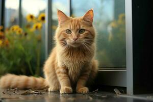 ai gerado curioso vermelho gato ao ar livre, Vigilância olhar explorando a arredores foto