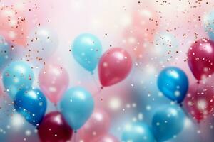 ai gerado Rosa e azul balões, confete, brilhos em branco comemorativo fundo foto